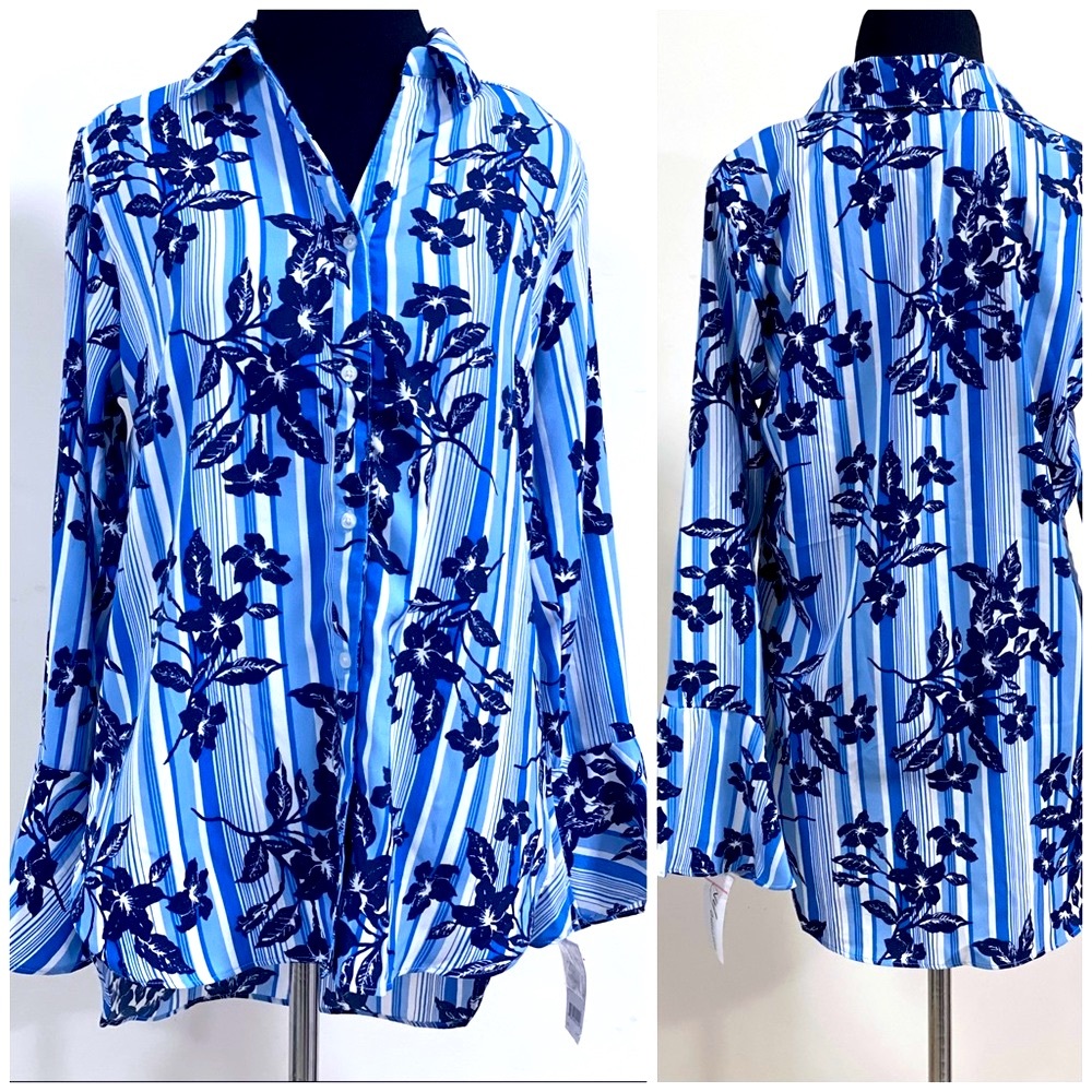 Womens Shirt - NY Collection Striped Bell Sleeve Button Shirt